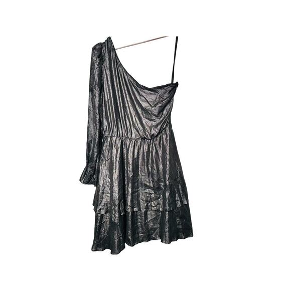 DEREK LAM Silver Metallic One Shoulder Pleated Black Mini Dress Size EU 44 - Picture 4 of 12